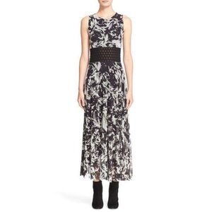 Fuzzi Cut-Out Sheer Waist Maxi Dress (Sz XL) Floral Print Black White Tulle